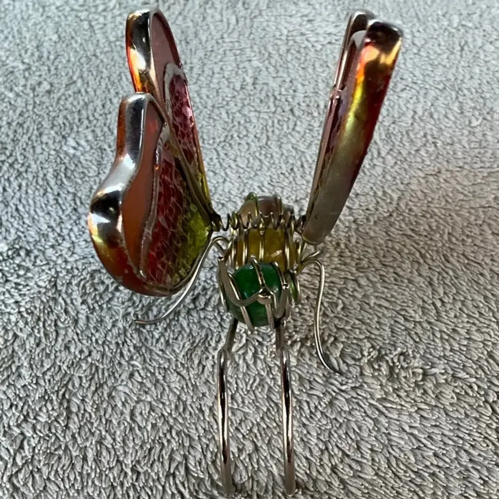Vintage Multi Color Stained Glass Flower Pot Hanger Butterfly - WINGS MOVE - 4" - Picture 2 of 5
